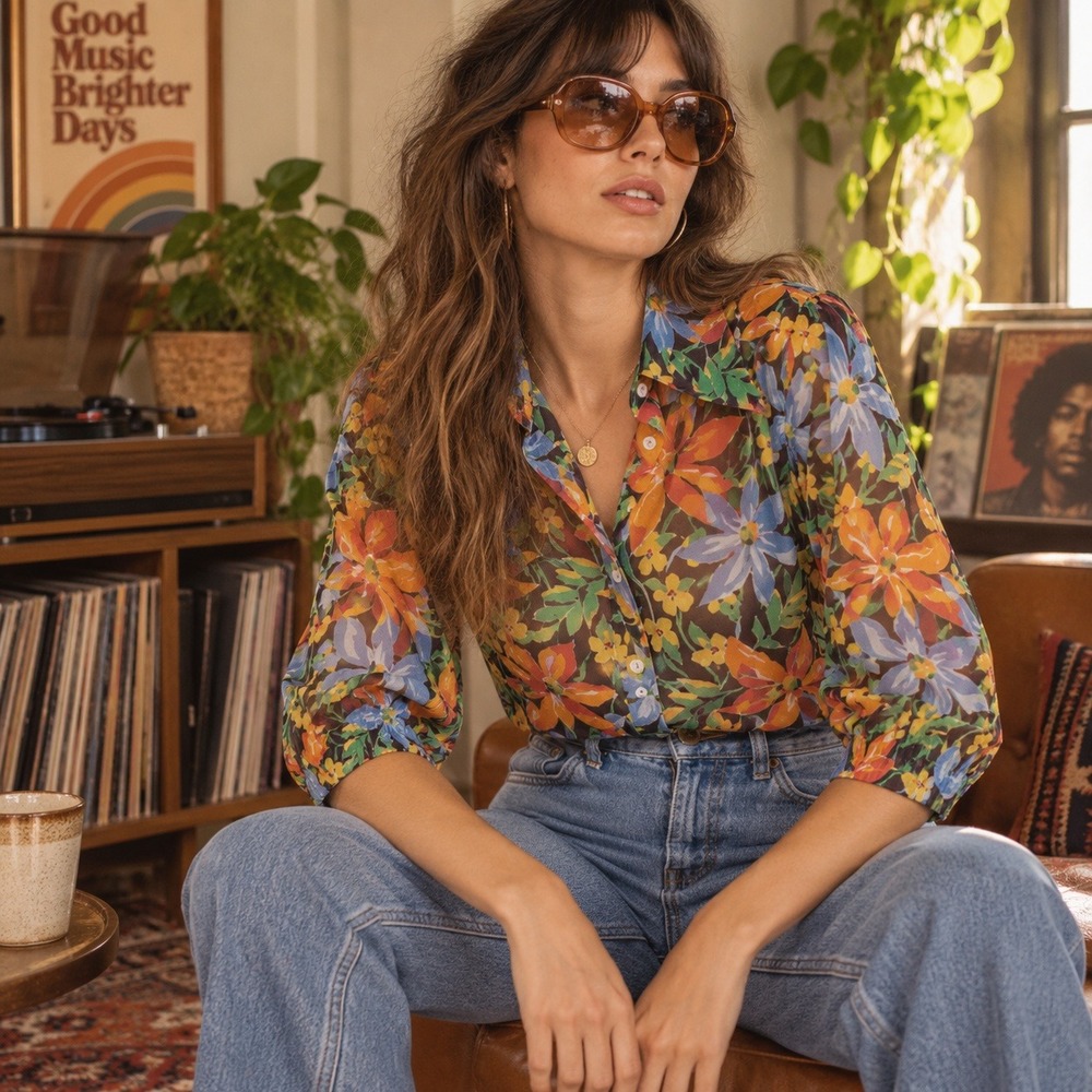 Vintage 70s Sheer Floral Button Up Blouse Ship n Shore Retro Hipster Size 12